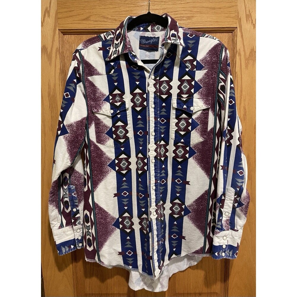 Vtg Wrangler Mens Shirt Flannel Aztec Western Pearl Snap Cowboy Rodeo Large 16.5